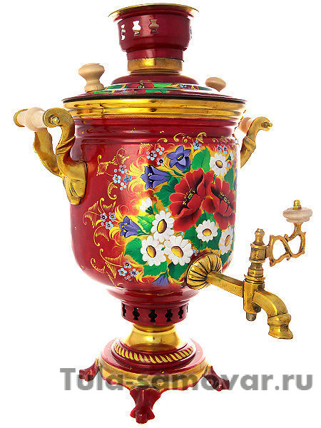 Комбинированный самовар 5 л с художественной росписью "Букет на красном фоне"