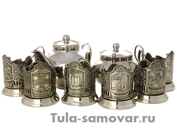 Набор самовар на дровах 4,5 л никелированный шар в комплекте с подстаканниками "Вокзалы Москвы"