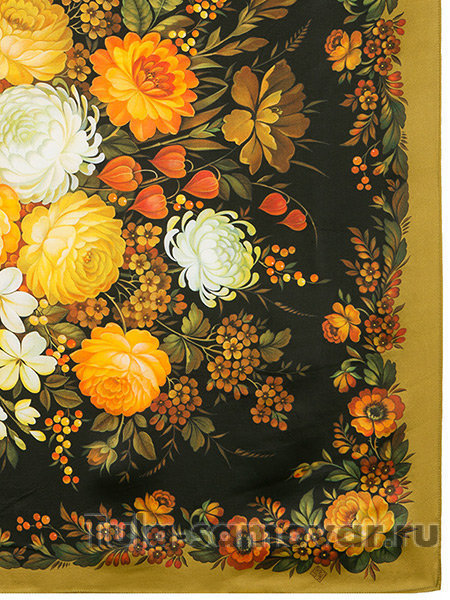 Платок шелковый (атлас) "Жостовский букет" 10063-2, 89х89 см