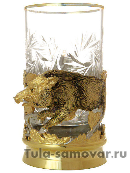 Набор для чая "Кабан" (ложка, тарелка, хрусталь)  Златоуст позолоченный