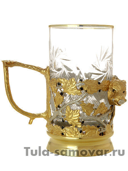 Набор для чая "Кабан" (ложка, тарелка, хрусталь)  Златоуст позолоченный