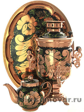 Набор самовар электрический 3 литра с росписью &quot;Золотые цветы на черном фоне&quot; медный фон, арт. 140637