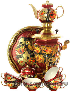 Набор самовар электрический 3 литра с художественной росписью &quot;Золотые цветы на бордовом фоне&quot; с чайным сервизом, арт. 160325с