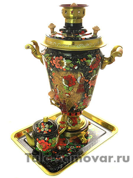 Набор комбинированный самовар 5 литров "Райский сад" с чайником и подносом