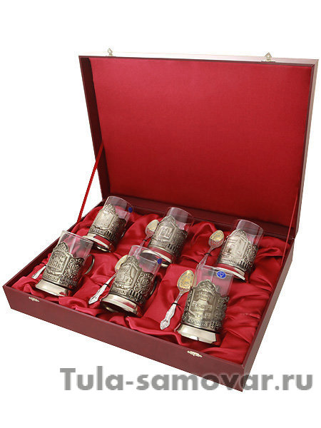Подарочный футляр для 6 подстаканников, стаканов и чайных ложек с двумя замочками