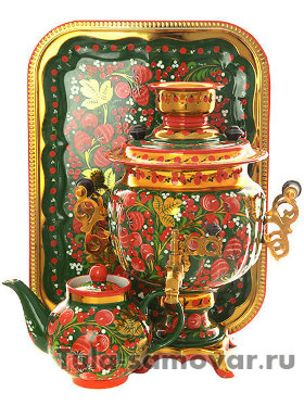Набор самовар электрический 3 литра с художественной росписью &quot;Клубника на зеленом фоне(рыжая)&quot;, арт. 121081