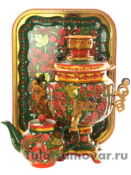 Набор самовар электрический 3 литра с художественной росписью "Клубника на зеленом фоне(рыжая)", арт. 121081