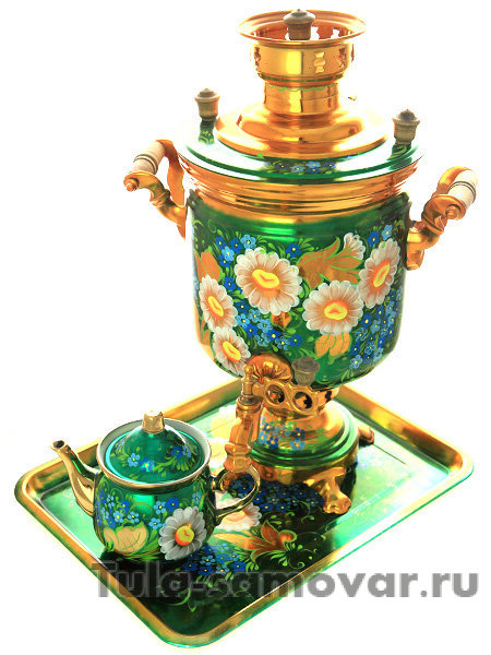 Набор самовар на дровах 5 литров с росписью "Ромашки на изумрудном фоне"