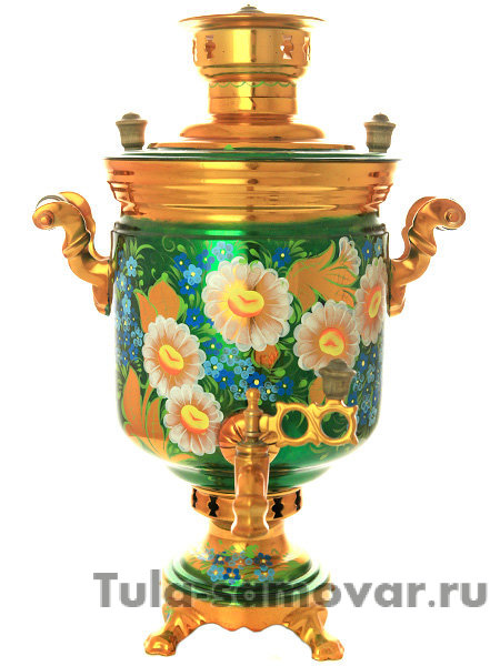 Набор самовар на дровах 5 литров с росписью "Ромашки на изумрудном фоне"