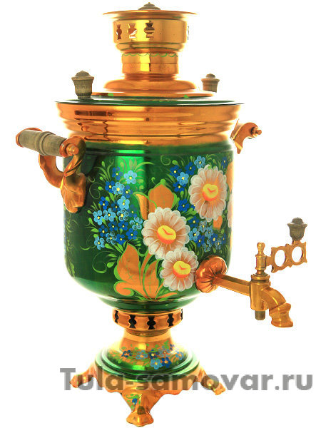 Набор самовар на дровах 5 литров с росписью "Ромашки на изумрудном фоне"
