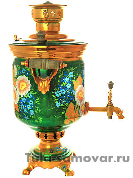 Набор самовар на дровах 5 литров с росписью "Ромашки на изумрудном фоне"