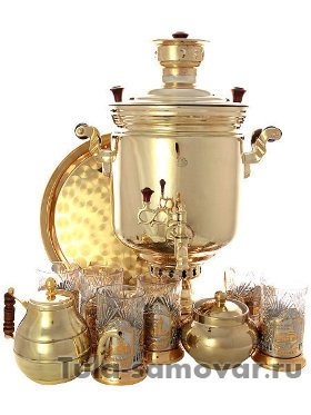 Набор самовар на дровах 7 л желтый цилиндр с позолоченными подстаканниками &quot;Вокзалы Москвы&quot;