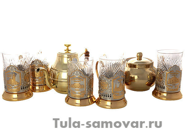 Набор самовар на дровах 7 л желтый цилиндр с позолоченными подстаканниками "Вокзалы Москвы"