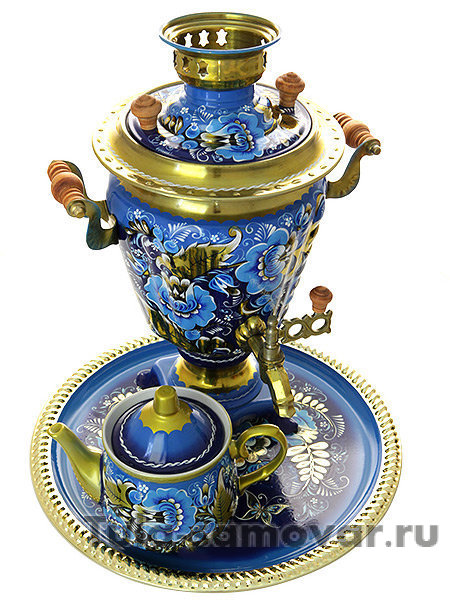 Набор самовар электрический 3 литра с художественной росписью "Кудрина на голубом фоне", арт. 121211