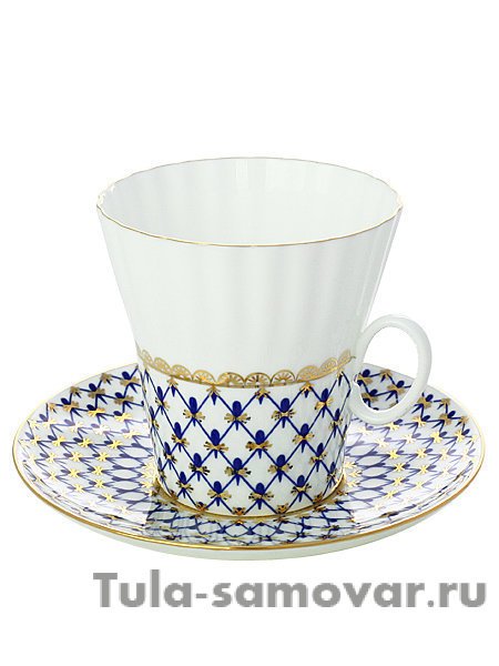 Фарфоровая чашка с блюдцем форма Одуванчик рисунок Кобальтовая сетка Императорский фарфоровый завод