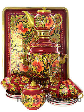 Набор самовар электрический 3 литра с художественной росписью &quot;Кудрина&quot; с чайным сервизом, арт. 160322с