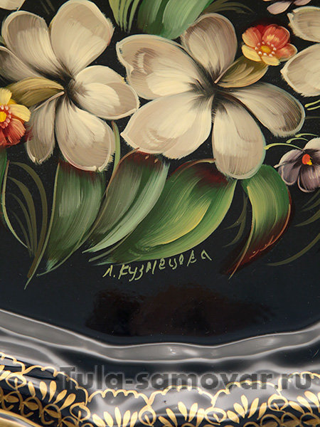 Поднос с художественной росписью "Букет на синем фоне", круглый, арт. 2058