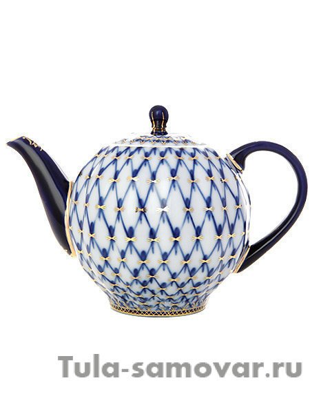 Чайник заварочный форма Тюльпан рисунок Кобальтовая сетка Императорский фарфоровый завод