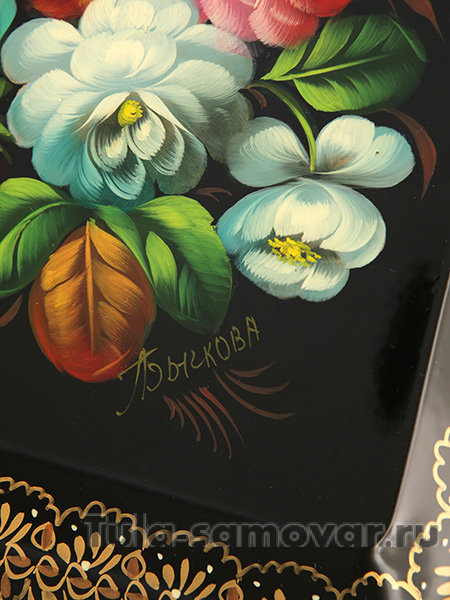 Поднос с художественной росписью "Букет на черном фоне", под самовар, арт. 2059