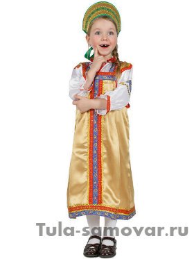 Русский народный костюм &quot;Василиса&quot; детский золотистый атласный сарафан и блузка 7-12 лет