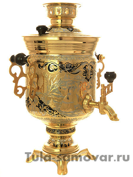 Электрический самовар 3 литра с позолотой и ручной златоустовской гравировкой "Забавы"