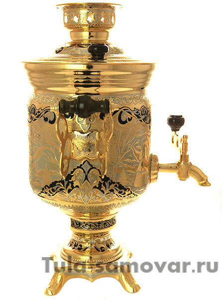 Электрический самовар 3 литра с позолотой и ручной златоустовской гравировкой "Забавы"