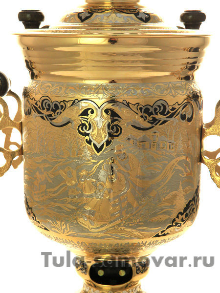 Электрический самовар 3 литра с позолотой и ручной златоустовской гравировкой "Забавы"