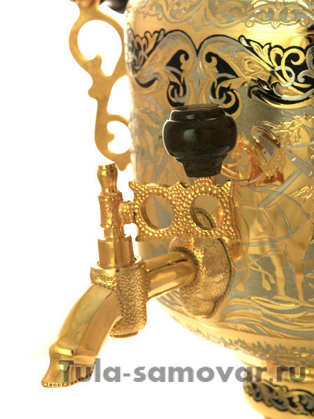 Электрический самовар 3 литра с позолотой и ручной златоустовской гравировкой "Забавы"