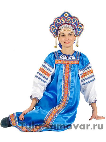 Русский народный костюм "Василиса" для женщины атласный комплект васильковый сарафан и блузка, XS-L