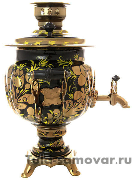 Электрический самовар 3 литра с росписью "Золотые цветы на черном фоне" с автоотключением при закипании, арт. 140408а
