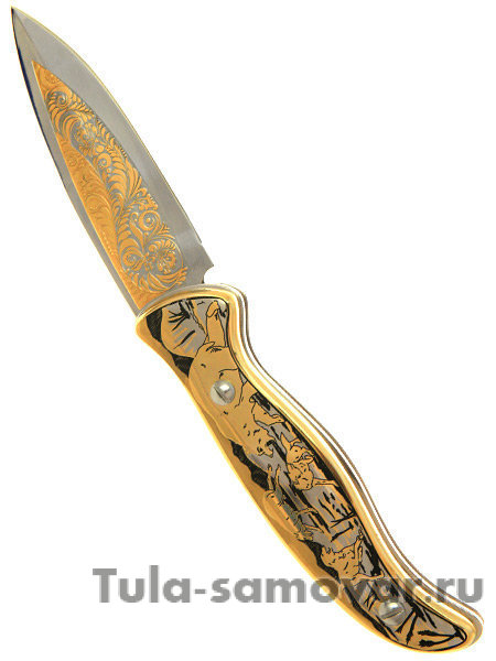 Нож складной с кнопкой гравюра Златоуст "Волки, деревня" в футляре