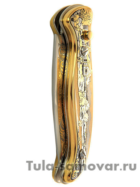 Нож складной с кнопкой гравюра Златоуст "Волки, деревня" в футляре