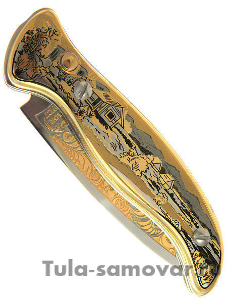 Нож складной с кнопкой гравюра Златоуст "Волки, деревня" в футляре