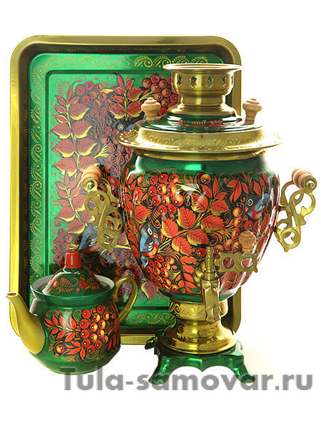 Набор самовар электрический 3 литра с художественной росписью "Птица синица, рябина на зеленом фоне", арт. 199877