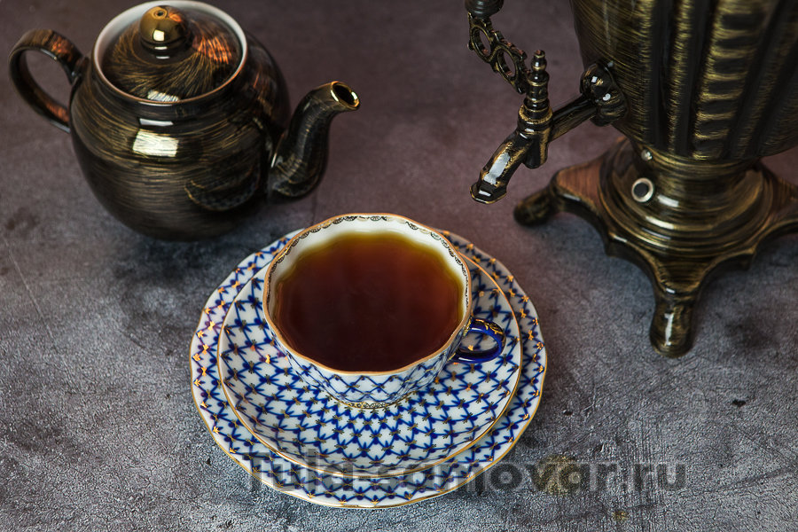 3-х предметный чайный набор форма Тюльпан рисунок Кобальтовая сетка Императорский фарфоровый завод