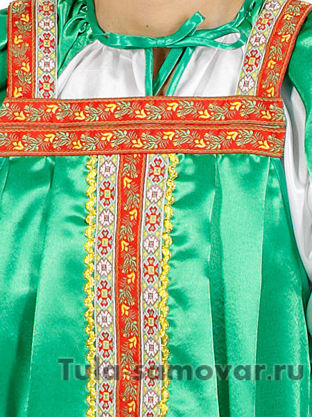Русский народный костюм "Василиса" женский атласный зеленый сарафан и блузка XS-L