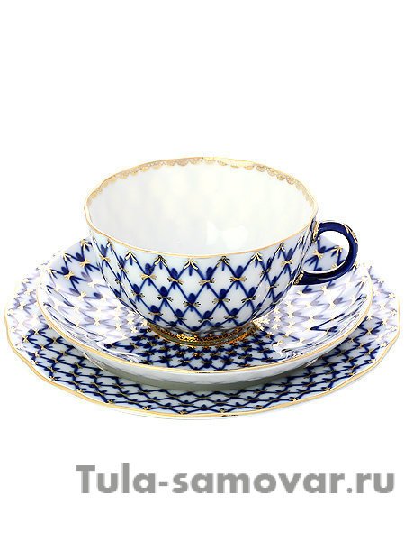Фарфоровый чайный 3-х предметный комплект форма Тюльпан рисунок Кобальтовая сетка Императорский фарфоровый завод