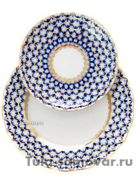 Фарфоровый чайный 3-х предметный комплект форма Тюльпан рисунок Кобальтовая сетка Императорский фарфоровый завод
