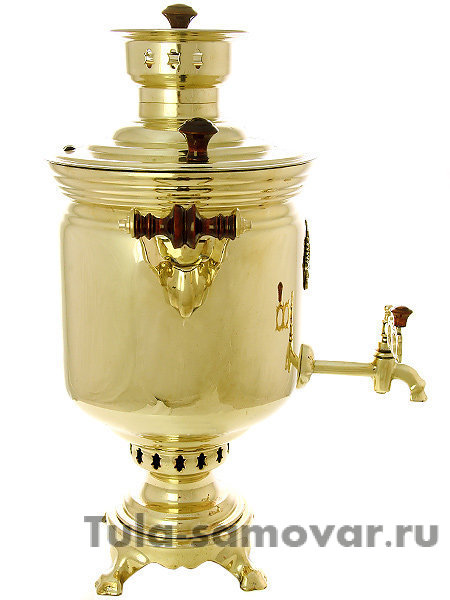 Самовар на дровах 5 л желтый цилиндр с накладным Гербом РФ