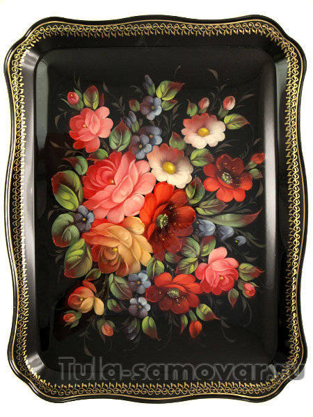 Поднос с художественной росписью "Красный букет", прямоугольный, арт. 5040