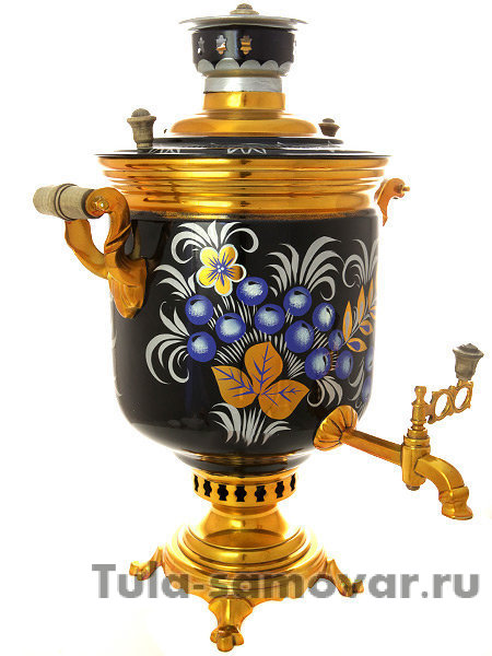 Самовар на дровах с росписью "Рябина на синем фоне" 7 литров