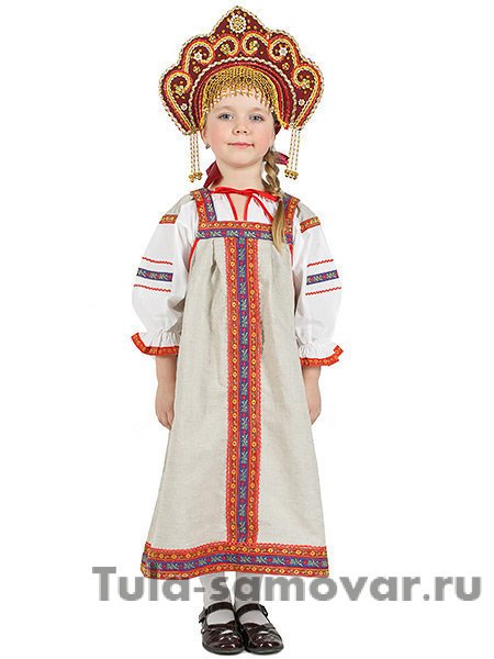 Русский народный костюм "Забава" детский льняной бежевый сарафан и блузка 7-12 лет