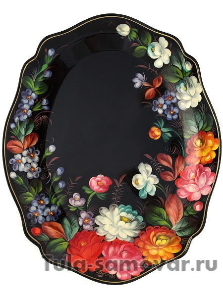 Поднос с художественной росписью "Летние цветы на черном фоне", малый овальный глубокий, арт. 2007