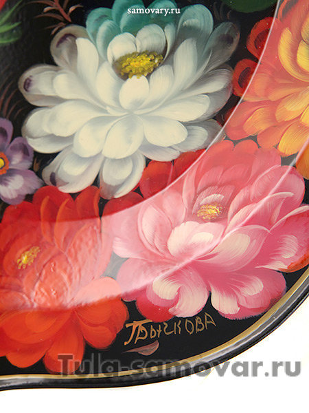 Поднос с художественной росписью "Летние цветы на черном фоне", малый овальный глубокий, арт. 2007
