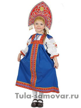 Русский народный костюм &quot;Забава&quot; детский льняной синий сарафан и блузка 1-6 лет
