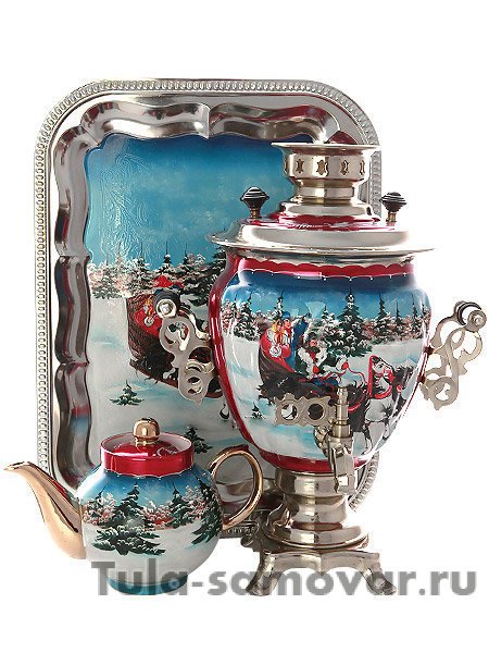 Набор самовар электрический 3 литра с художественной росписью "Тройка зимняя", арт. 130206