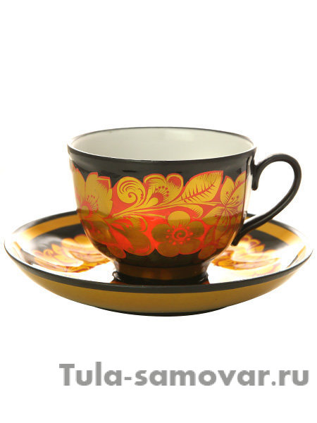 Чашка с блюдцем чайная "Кудрина с красным" Хохлома