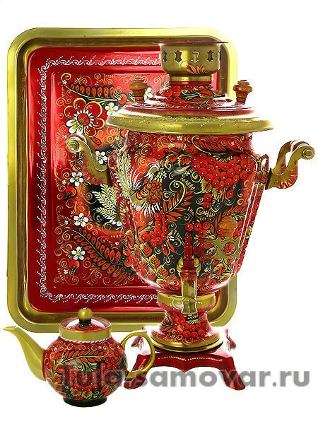 Набор самовар электрический 3 литра с художественной росписью "Хохлома на красном фоне мелкая", арт. 121032