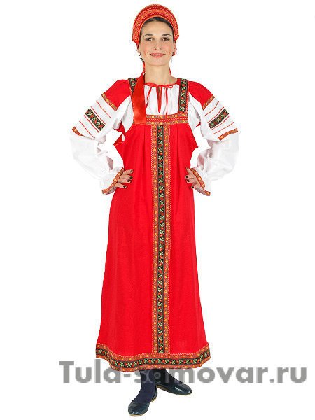 Русский народный костюм "Забава" для танцев льняной комплект красный сарафан и блузка XS-L