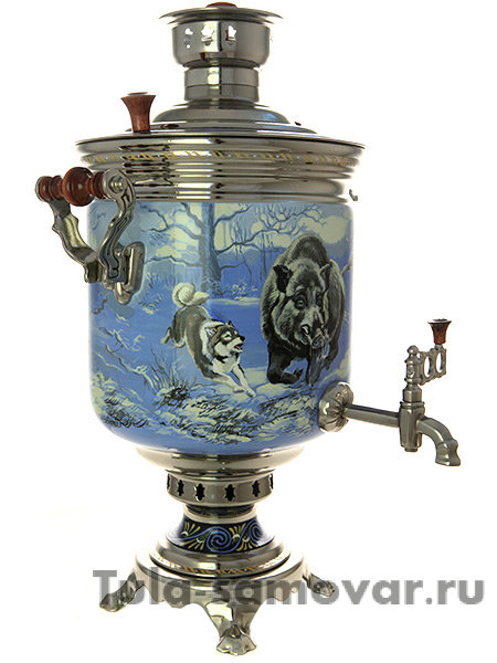 Самовар на дровах с росписью "Зимняя охота на кабана" 7 л (никель), арт. 210532